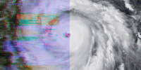 Satellite image of a hurricane split in two; the left side is glitchy and distorted 