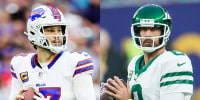 A split image of Josh Allen and Aaron Rodgers